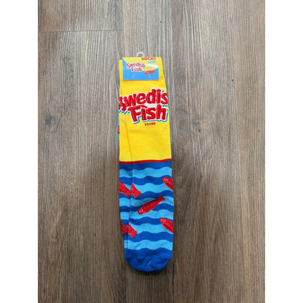 Swedish Fish 2 Pair Crew Socks Yellow Blue Candy Graphic Mens 6-10 12744MNGC NEW